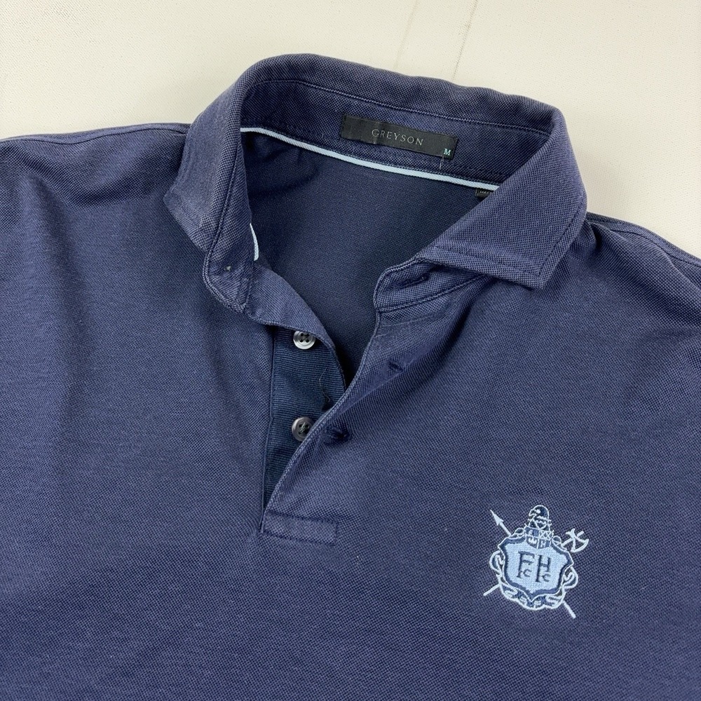 Greyson Polo Shirt Mens M Blue Solid Stretch Brrr Golf Crest Logo Short Sleeve